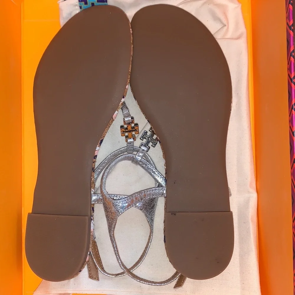 Tory Burch marion quilted sandals confetti reverse metallic silver new box 5.5